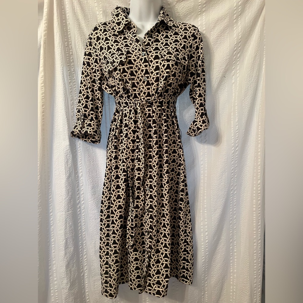 J. McLaughlin Black & Cream Geometric Midi Shirt Dress size small